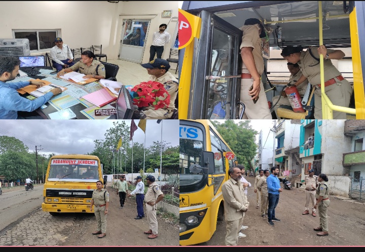 बड़वानी शिक्षण सत्र शुरू होते ही जिले के अंदर समस्त संचालित प्राइवेट एवं शासकीय स्कूलों की बसों की जांच का काम पुलिस अधीक्षक महोदय पुनीत गहलोत के निर्देश में किया जा रहा है सेंट जोसेफ इंग्लिश मीडियम हायर सेकेंडरी स्कूल बड़वानी  पहुँचि ट्रैफिक  टीम